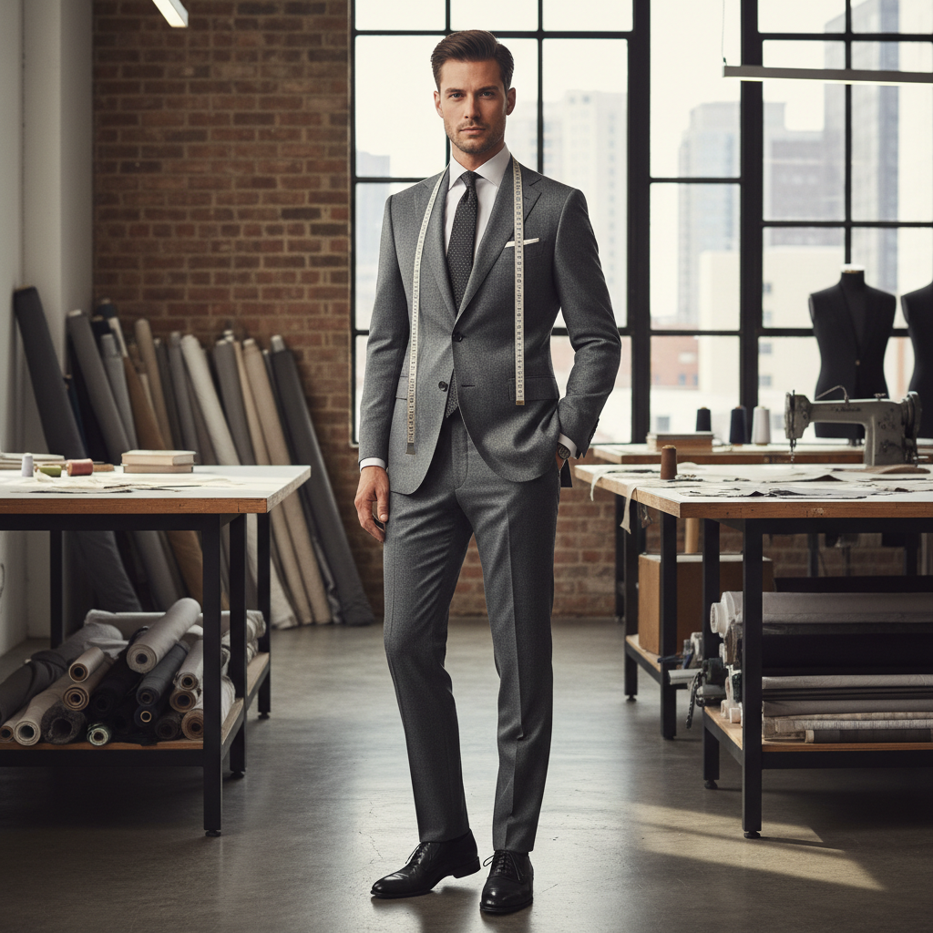 Man in a sharp made-to-measure charcoal suit with precise tailoring in a modern tailor studio